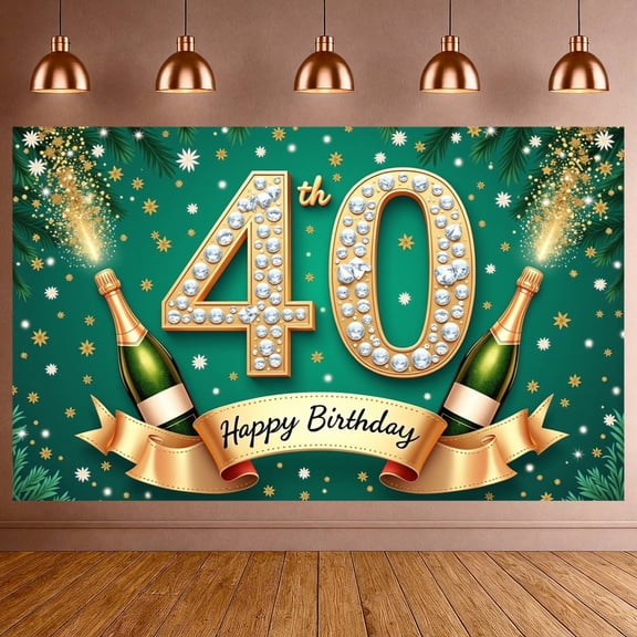 Decorated 40th Birthday Banner Champagne Bottle Happy Birthday Display Gold Ribbon Green Background Birthday Party Backdrop for 40th Birthday Party Adult Gathering Anniversary Celebration