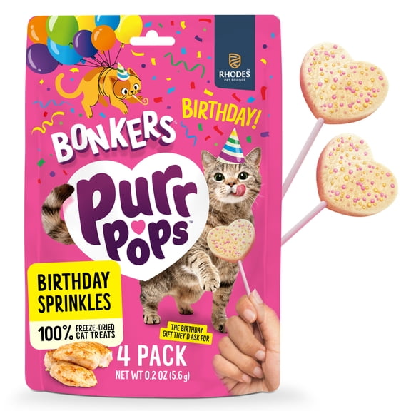 BONKERS Purrpops Birthday Edition Freeze-Dried Chicken Flavored Lollipop Treats for Cats, 4 pack