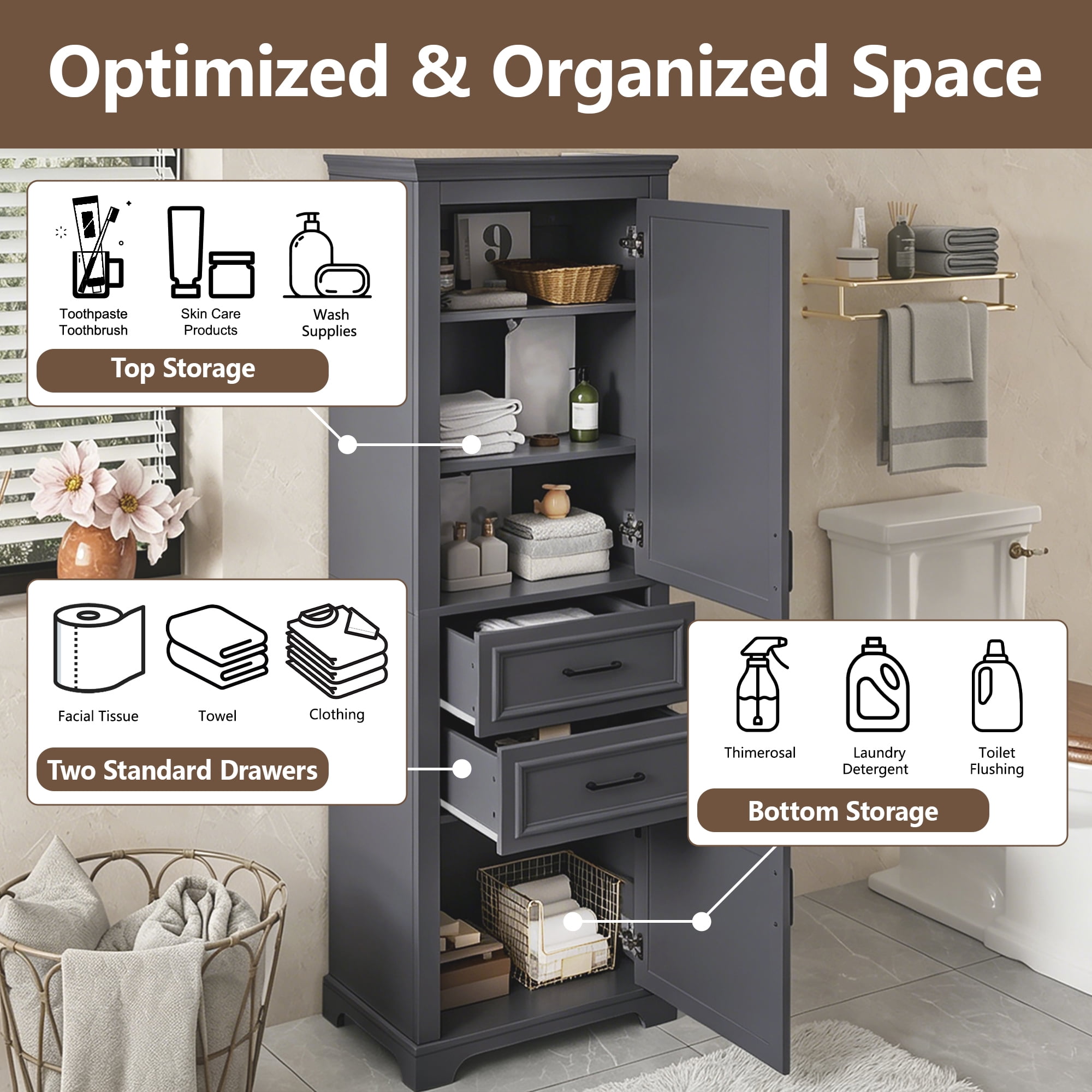 Leumius 71" Tall Freestanding Bathroom Vanity with Damping-Hinge Doors, 2 Drawers, Adjustable Shelf, Anti-Tip Design, Modern Charcoal Gray Finish