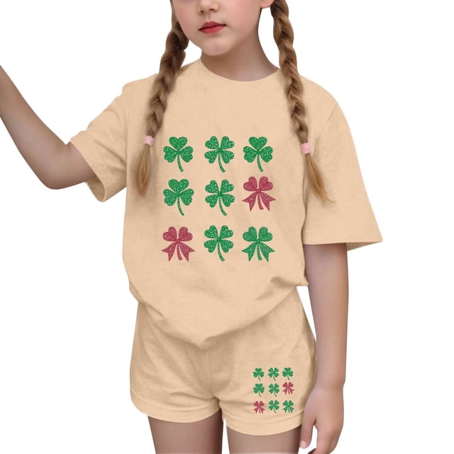 SDNall Ensemble Deux Pièces Imprimé pour la Saint-Patrick pour Enfants, Chemisier à Manches Courtes à Col Rond avec Short pour Enfants