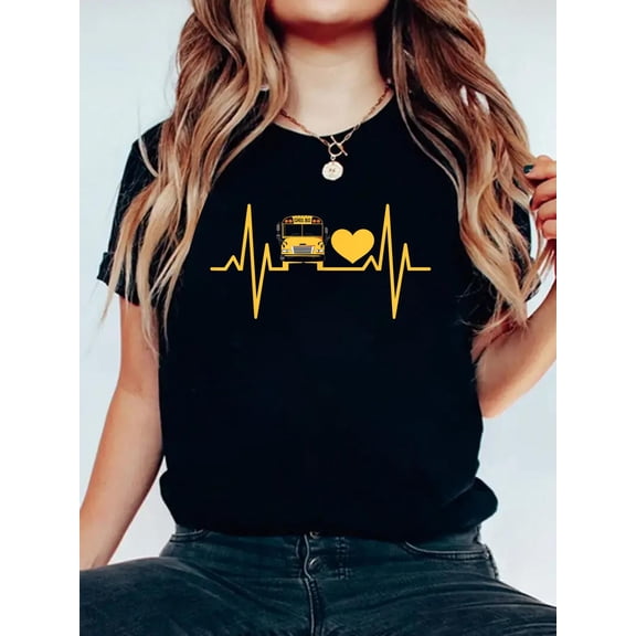 School Bus Driver Heartbeat T-Shirt Graphic Tee summer Tops For Women Round Neck Fashion Cotton shirts
