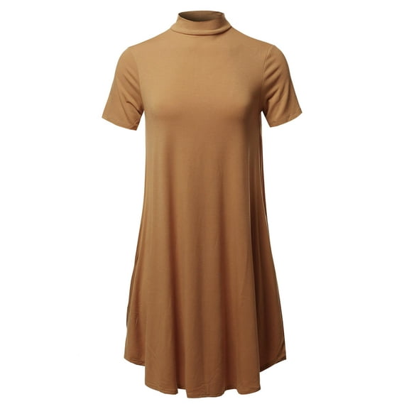 FashionOutfit Women's Solid Mock Neck Short Sleeve Tunic Dress