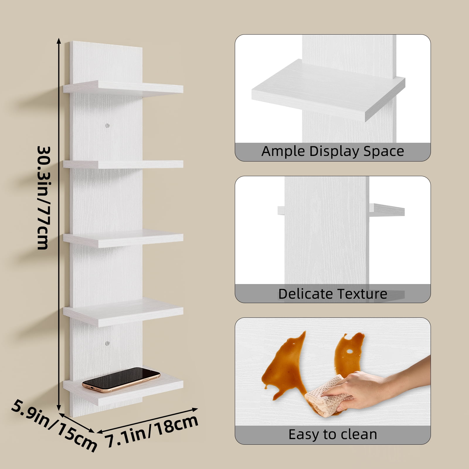 Fairy 5 Tier Wall Shelf Unit, White Floating Wall Shelves, Vertical Wall Organizer for Bedroom, Living Room & Home Decor