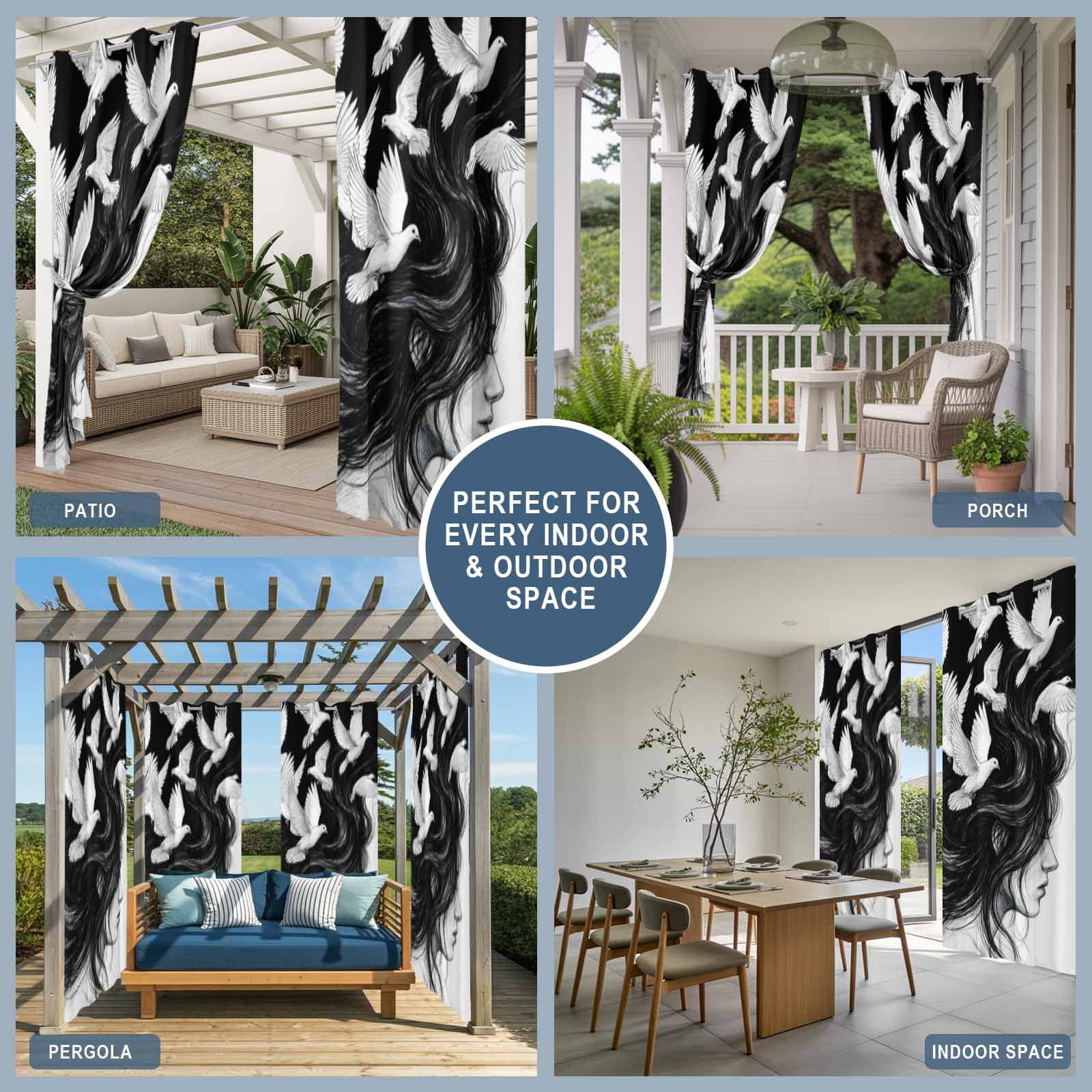 Abstract Art Outdoor Curtains for Patio, Black and White Pigeon Woman Profile Bohemian Sunshade Privacy Drapes Grommet Waterproof Outside Curtains for Porch/Cabana/Balcony 54"x 108", 1 Panel