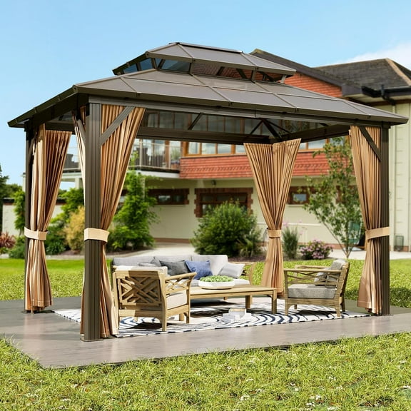 Hardtop Polycarbonate Gazebo with UV Protection, Aluminum Frame, Double Roof & Mesh Curtains for Patio, Garden
