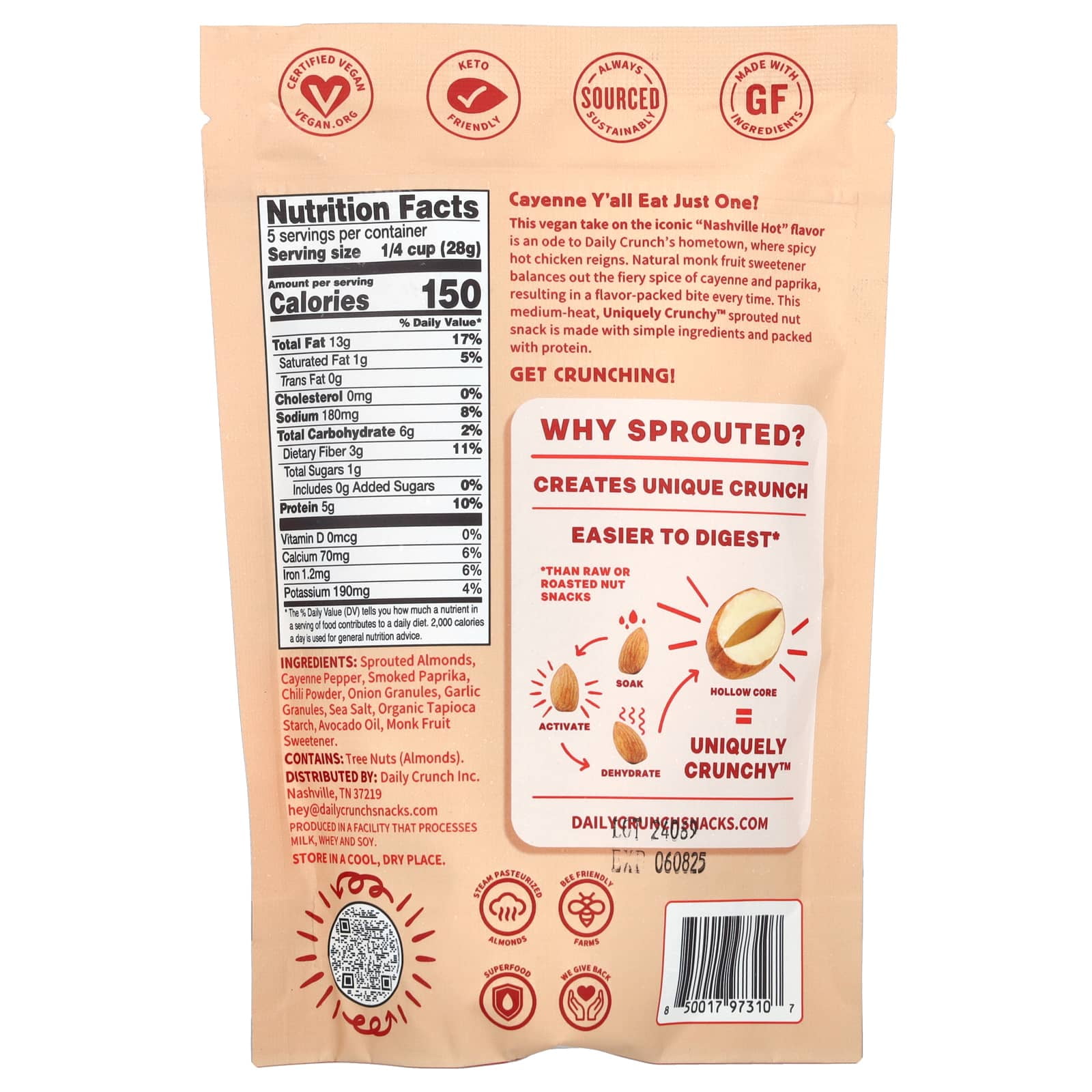 Daily Crunch, Sprouted Almonds, Nashville Hot, 5 oz Pack of 3