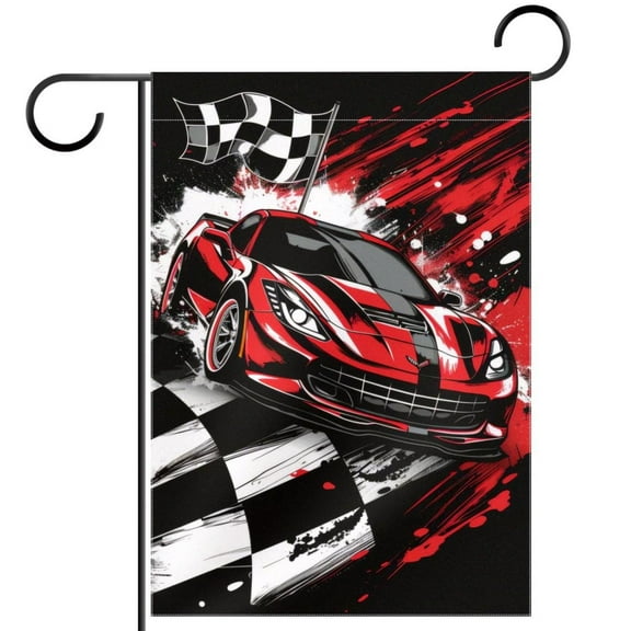 Aesthetic Speeding Racing Car with Checkered Flag Decorative Garden Flag for All Seasons, 12 x 18 Inch Small Vertical Double Sided Outside Decoration for Yard Farmhouse
