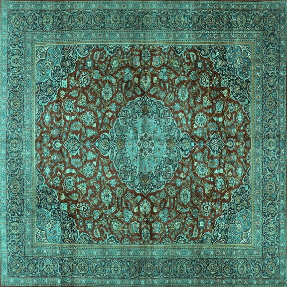 Ahgly Company Machine Washable Indoor Square Medallion Turquoise Blue Traditional Area Rugs, 6' Square