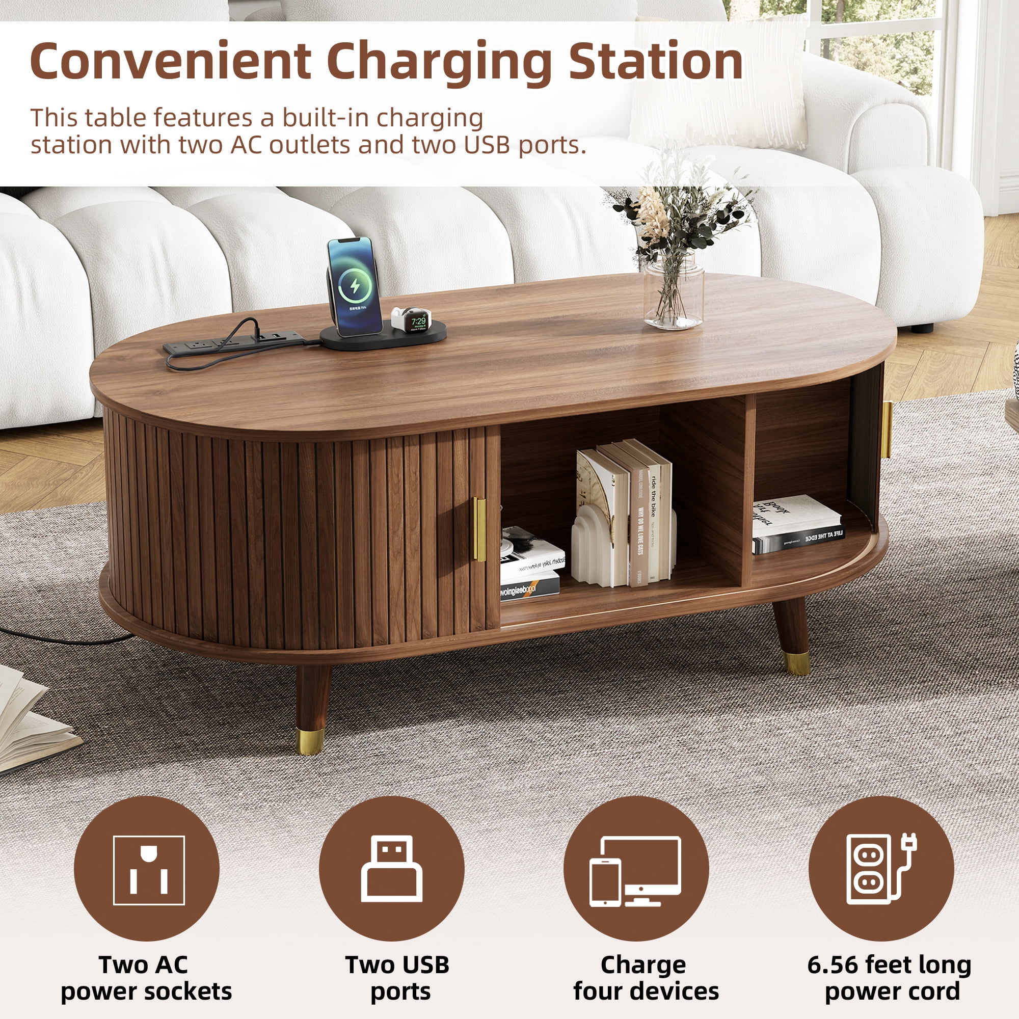 Euroco Mid-Century Modern Living Room Set with Coffee Table & TV Stand for TVs up to 80", Fluted Tambour Sliding Doors, Charging Stations with USB & AC Outlets, Solid Wood Legs，Walnut