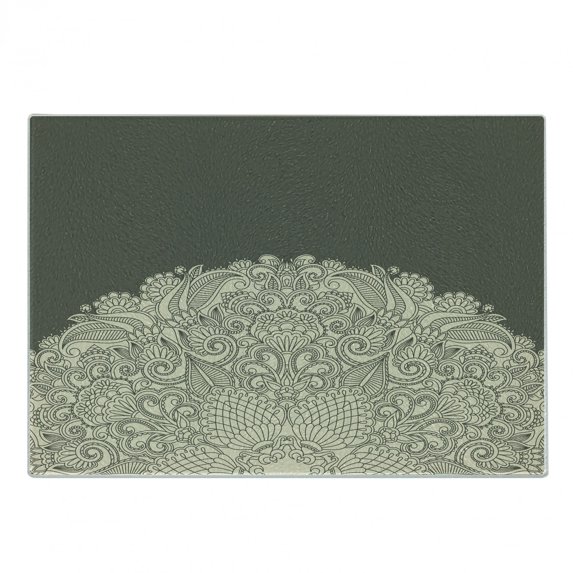 Oriental Cutting Board, Half Mandala with Rich Floral Curls Traditional Vintage Motif, Decorative Tempered Glass Cutting and Serving Board, Small Size, Beige and Dark Taupe, by Ambesonne