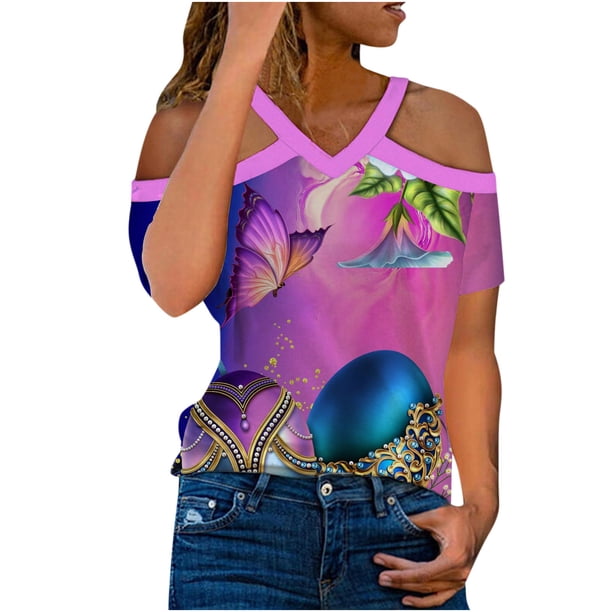 Camiseta de manga corta con hombros descubiertos y cuello en V con estampado de mariposa informal para mujer a la moda Fridja hjk5105