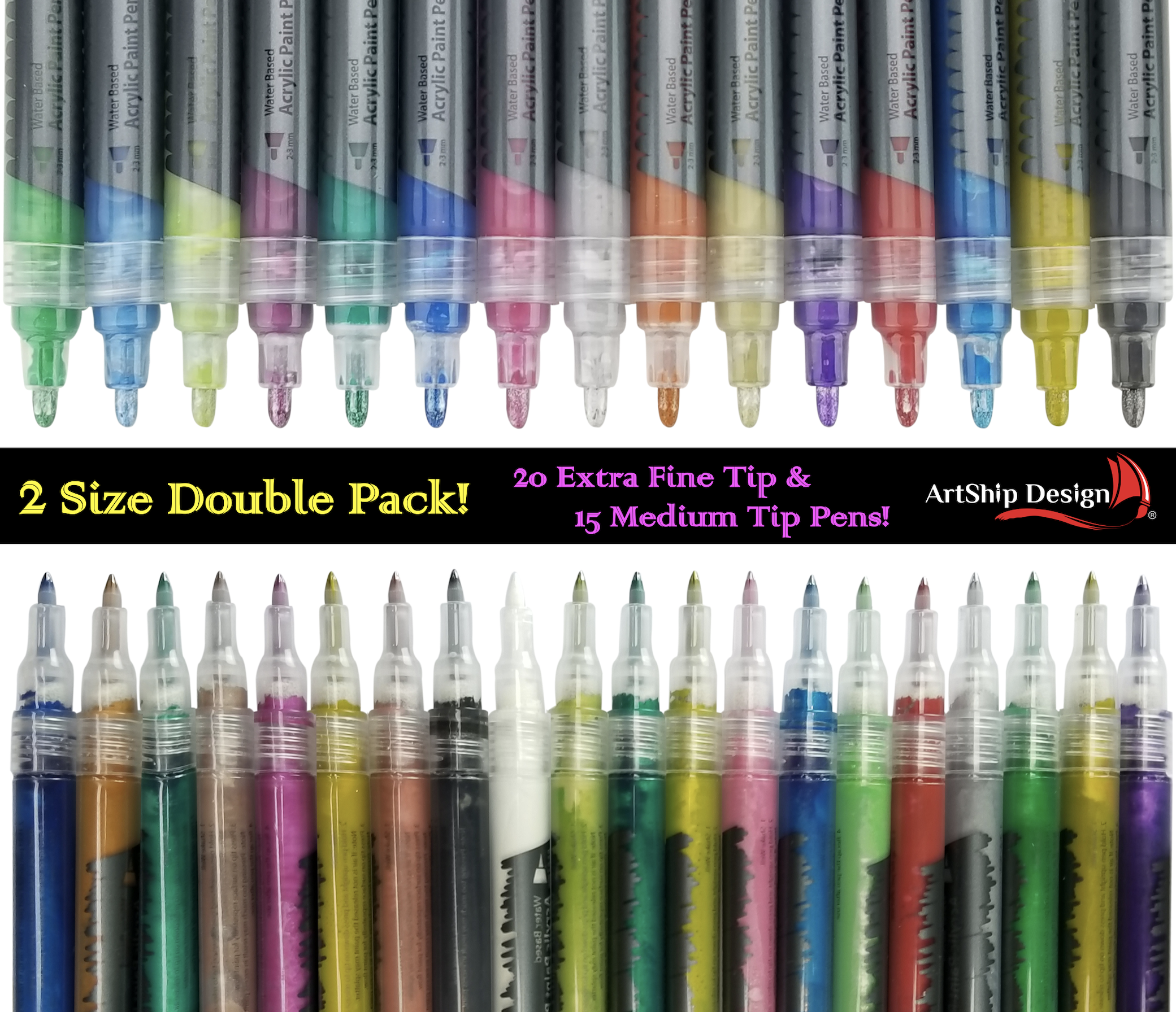 20 Brush Tip Acrylic Paint Pens, Classic and Metallic Color Combination  Double Pack, Flexible Tip Brush Paint Markers & Lettering Pens - ArtShip  Design 
