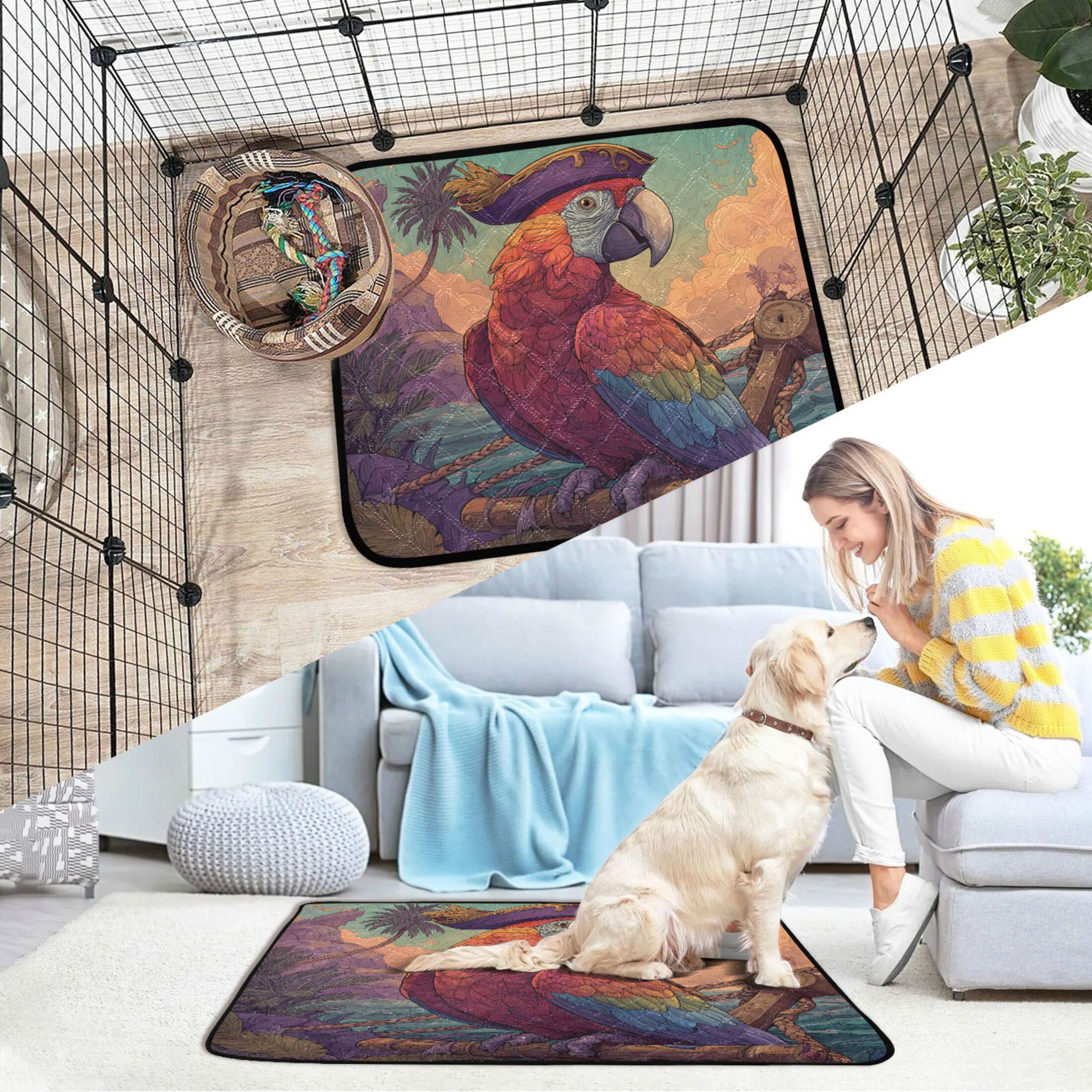 Qxltty Pirate Parrot Cat litter Pads Pet Set of 3 Diaper Mats Center Anti-leakage Layer Absorbent Soft and Comfortable