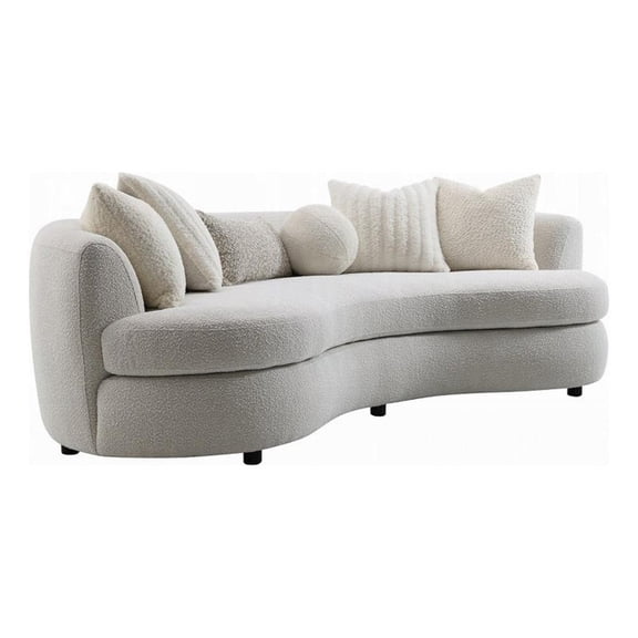 Benjara 105" Curve Sofa with 6 Feather Accent Pillows- Beige Boucle