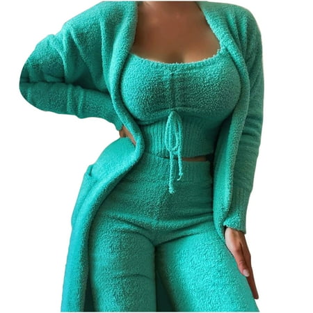 

Mrat Long Sleeve Round-Neck Blouses & Shirts Sets Long Sleeve Button Knit Set Ladies Casual Solid Vests And Long Sleeve Overcoat Tops And Long Pants Suits Pajamas 3-piece Set Sweatsuit Long Sleeve