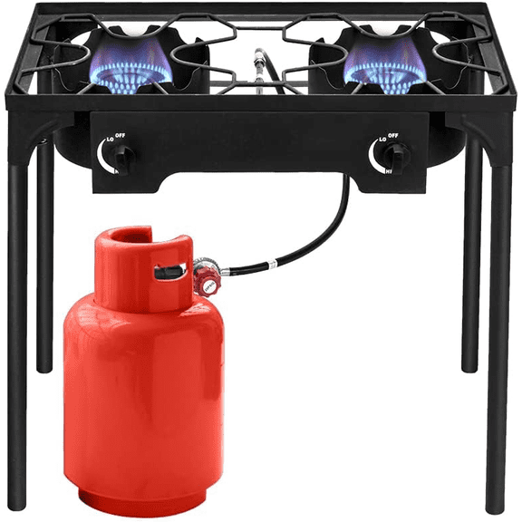 2 Burner Propane Gas Stove for Outdoor Cooking, 150,000 BTU | Camping Cooker with Removable Legs, Temperature Control Knobs for Backyard Cooking, BBQ, Baking and Frying