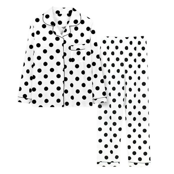 Cavosen Womens Pajamas 2 Piece Set Button up Soft Sleepwear Long Sleeve Collared Tops Long Pants Nightwear Polka Dots Print Pjs with Pocket Comfort Loungewear Outfits White L