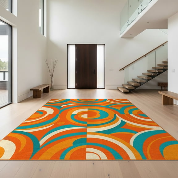 Design&I 8'x10' Washable Area Rug Snag-Free Orange Funky Bold Asymmetric Composition Vivid Decorative Classroom for Dining Room, Large Office, Lounge