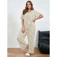 thumbnail image 5 of SHOWMALL Plus Size Printed Pajama/Loungewear Set, Cozy Bloom Beige 1X Comfy Short Sleeve Pleated Top with Relaxed Pocket Pants, Matching Homewear for All Seasons, 5 of 8