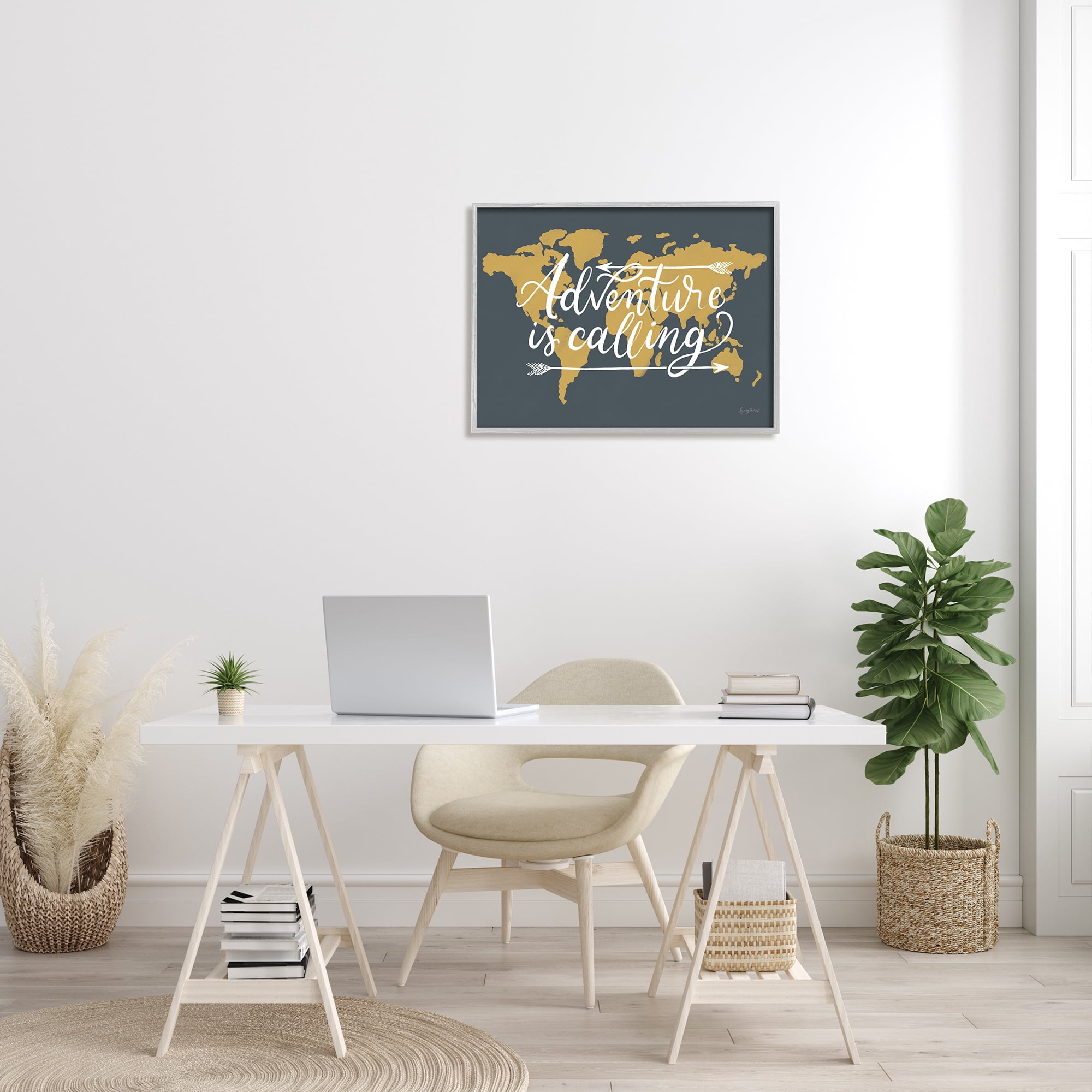 Stupell Industries Adventure is Calling Phrase Arrows over World Map Inspirational Painting Gray Framed Art Print Wall Art, 24 x 30