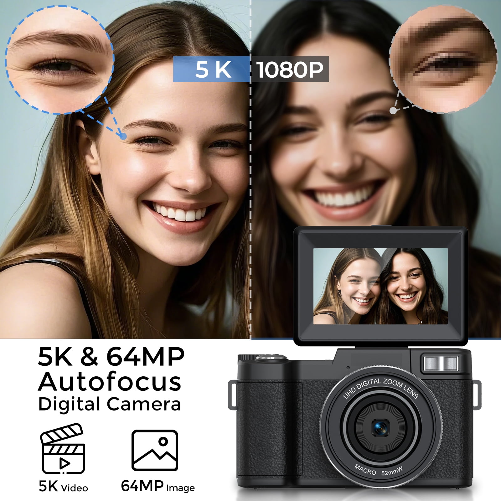 5K Vlogging Camera with WiFi 64MP 4K Digital Camera for Photography Vlog Camera with Flip Screen Video Camera for YouTube with Selfie Light, Desk Tripod, Batteries