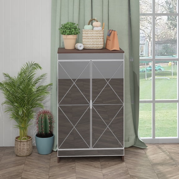Modern Shoe Storage Cabinet, 4 Tiers Shoe Cabinet with 2 Mirror Door, Wooden Shoe Rack Organizer With Adjustable Shelf For Entryway Hallway