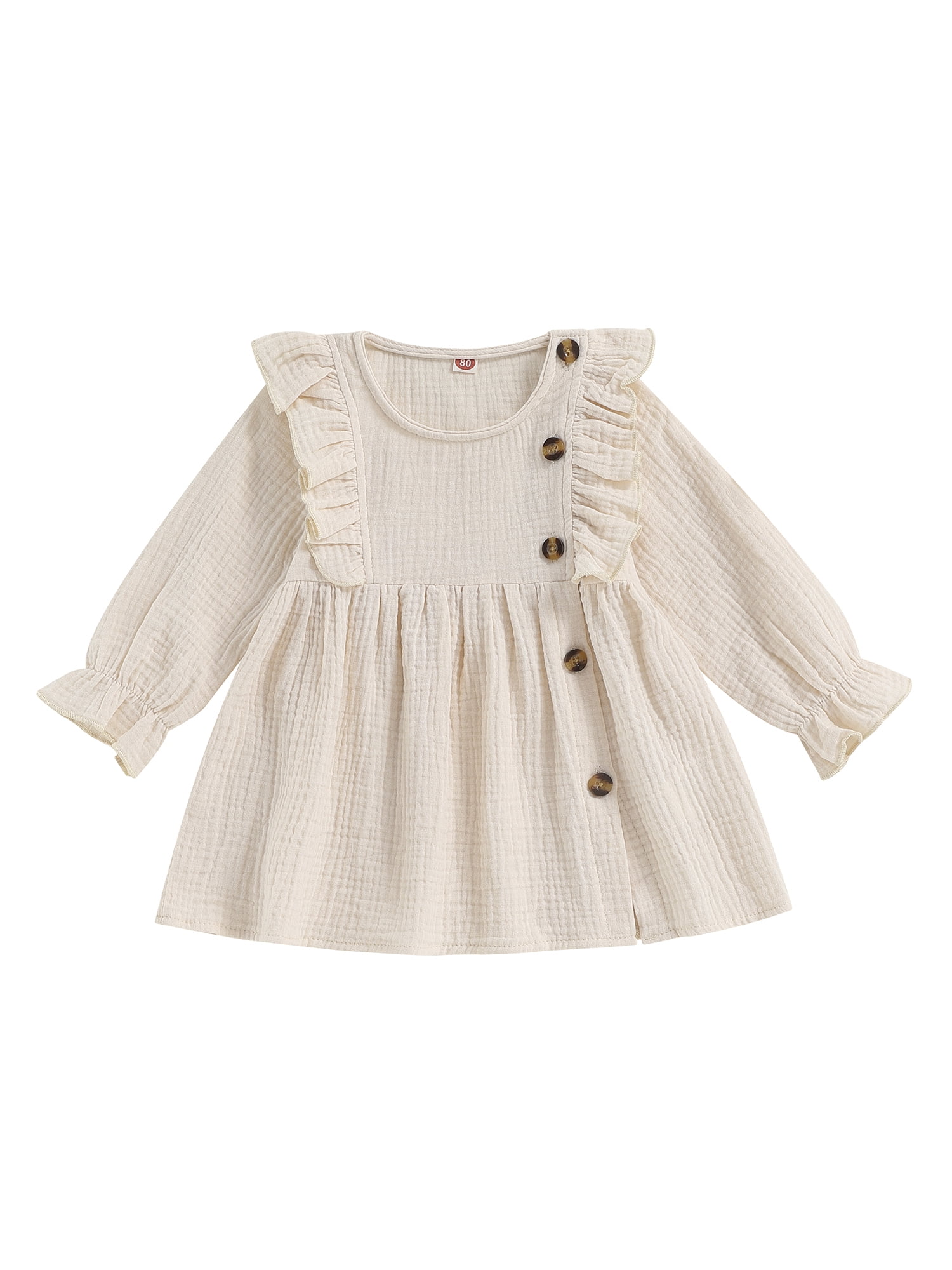 Toddler Baby Girl Cotton Dress Long Sleeve Crew Neck Dresses Button