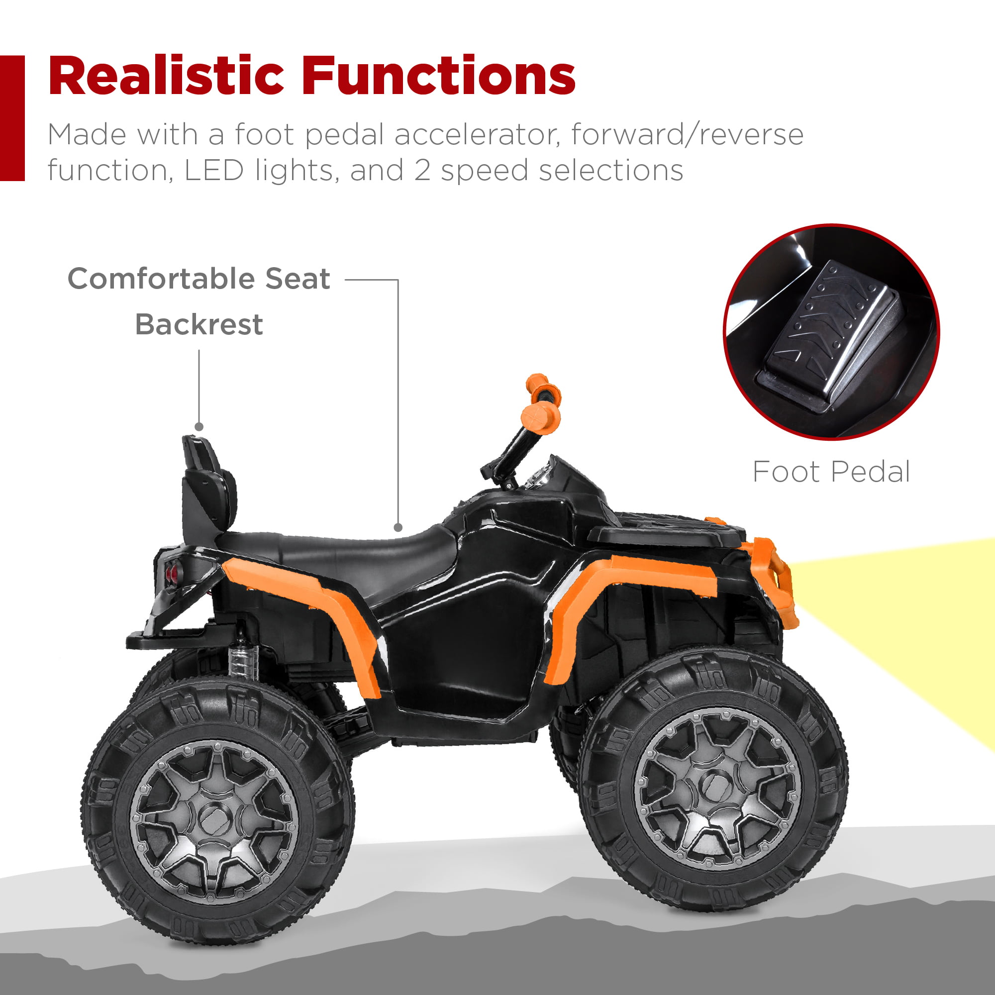 Best Choice Products 12V Kids Ride-On ATV Quad w/ Bluetooth, 3.7mph Max, Treaded Tires, LED Lights, Radio - Orange - 3