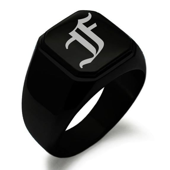 Stainless Steel Letter F Initial Old English Monogram Engraved Engraved Square Flat Top Biker Style Polished Signet Ring