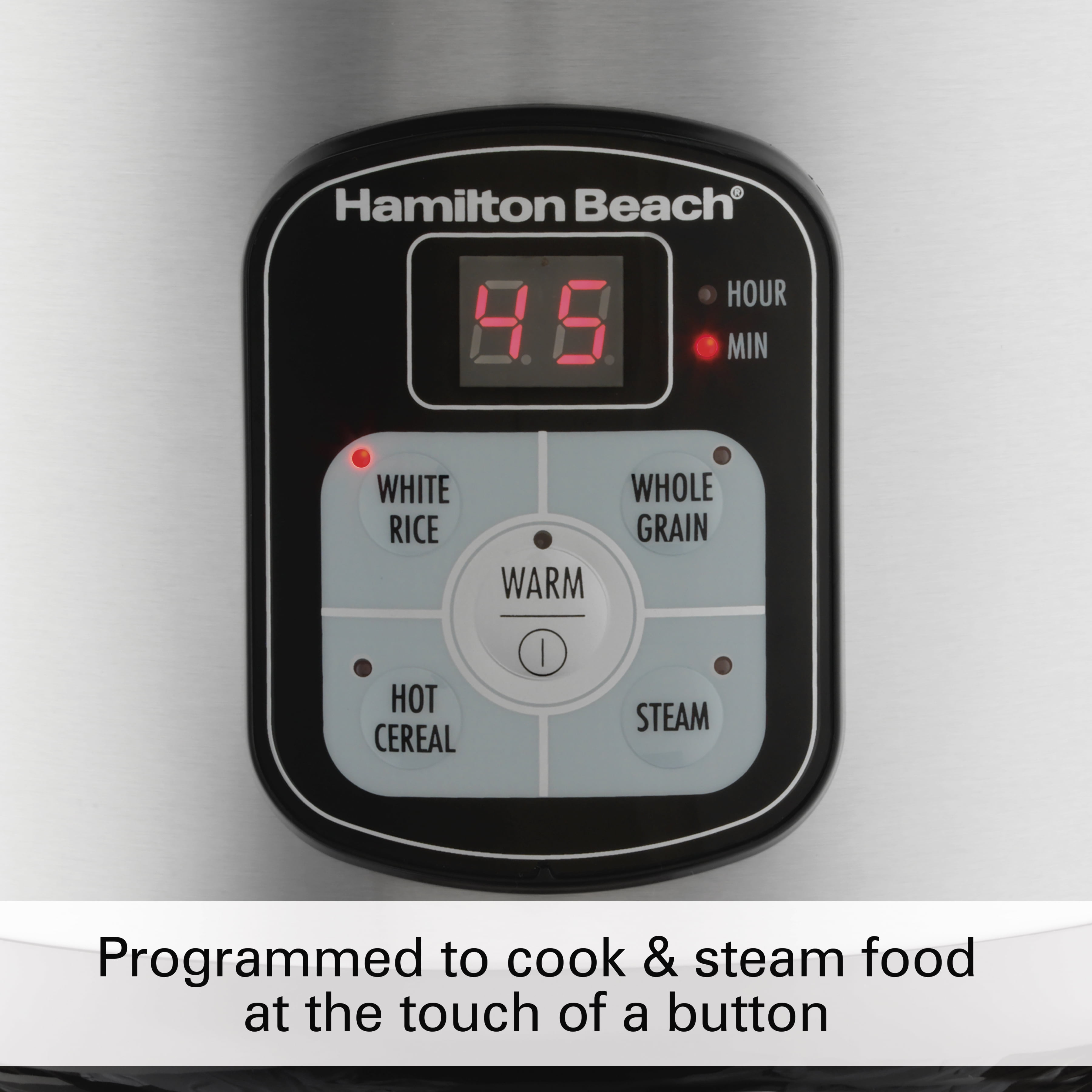 Hamilton Beach Digital Programmable Rice Cooker & Food Steamer, 14 Cups  Cooked (7 Uncooked) With Steam & Rinse Basket, Stainless Steel (37548)