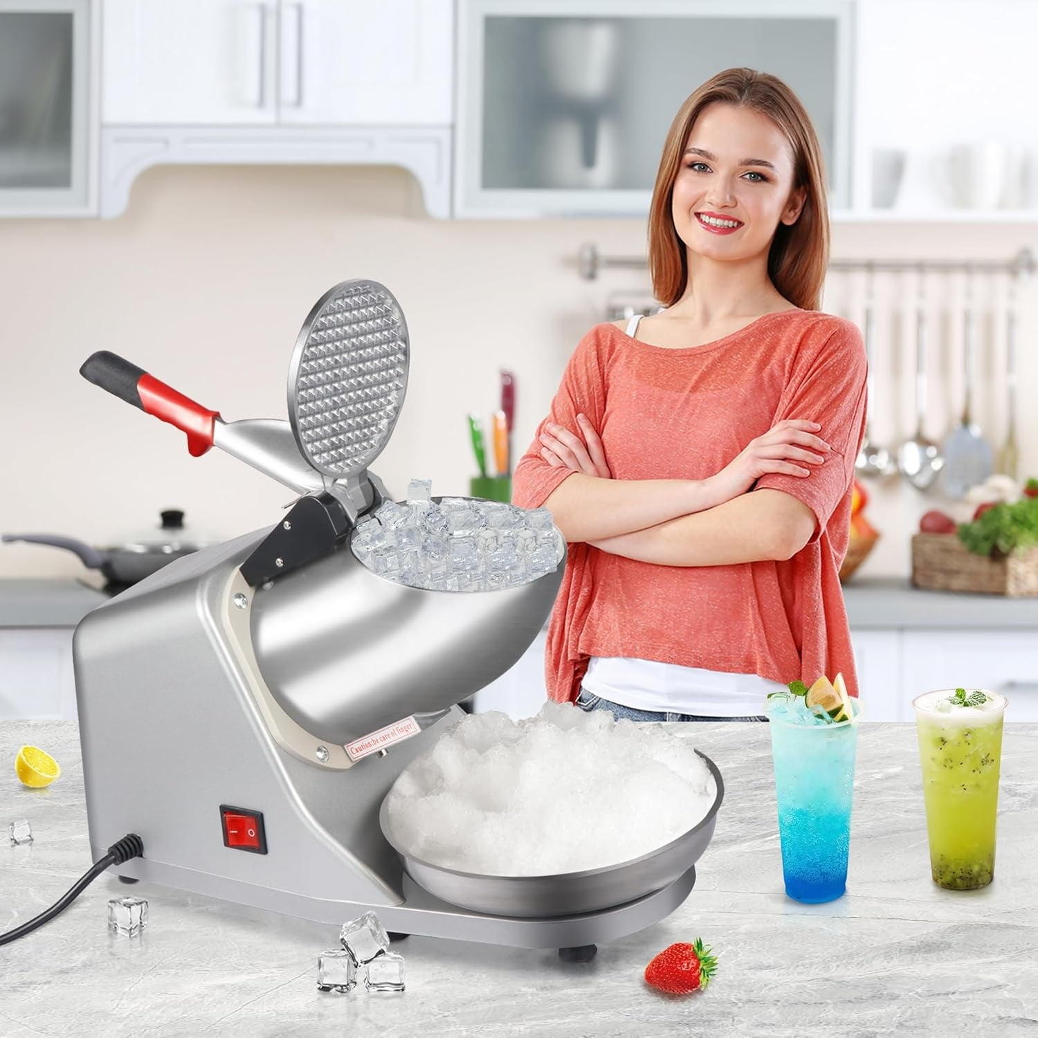 Electric Ice Crushers 300W 2000r/min w/Stainless Steel Blade Shaved Ice Snow Cone Maker Kitchen Machine (Silver)