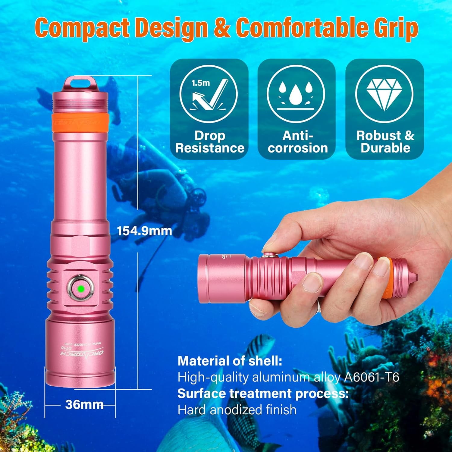 ORCATORCH D710 Scuba Diving Light, 3000 Lumens Super Bright Underwater Flashlight with 6 Degrees Narrow Beam, IP68 Waterproof Night Dive Torch 150 Meters Submersible Light (Pink)