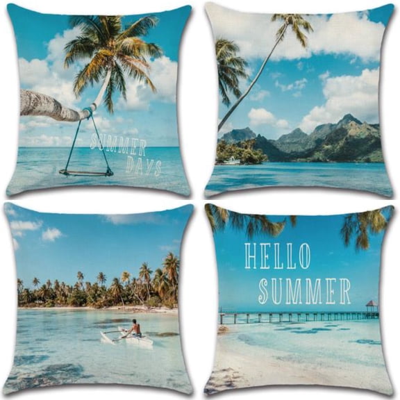 Vivid Summer Palm Trees & Beach Pattern, Cotton Linen Fabric Decorative Indoor Outdoor Throw Pillow Cover Set 18x18