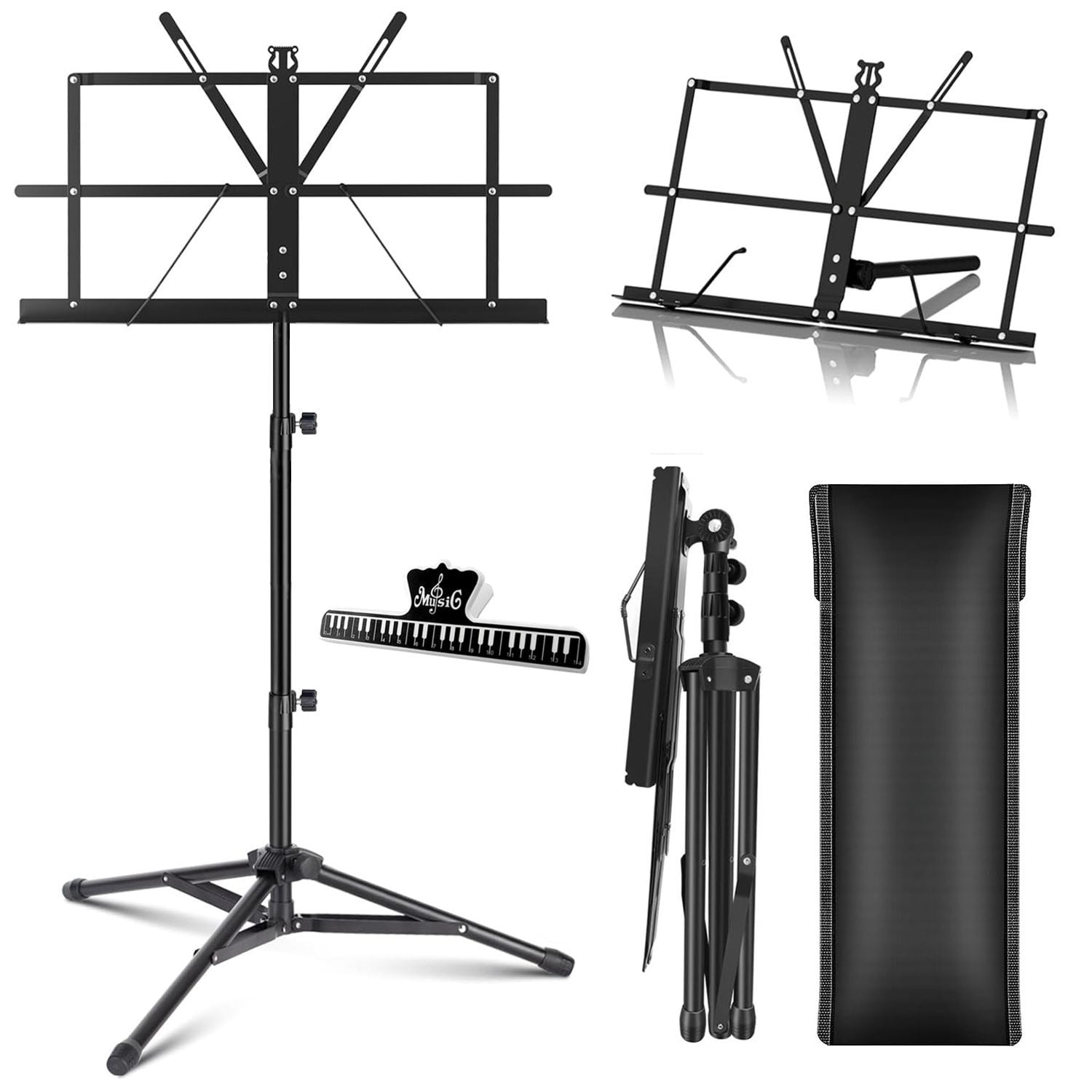 Black Portable Music Stand, Adjustable and Foldable Desktop Bookshelf, Sturdy and Stable, with Anti-slip Pads, Equipped with Storage Bag, Suitable for Schools and Choirs.