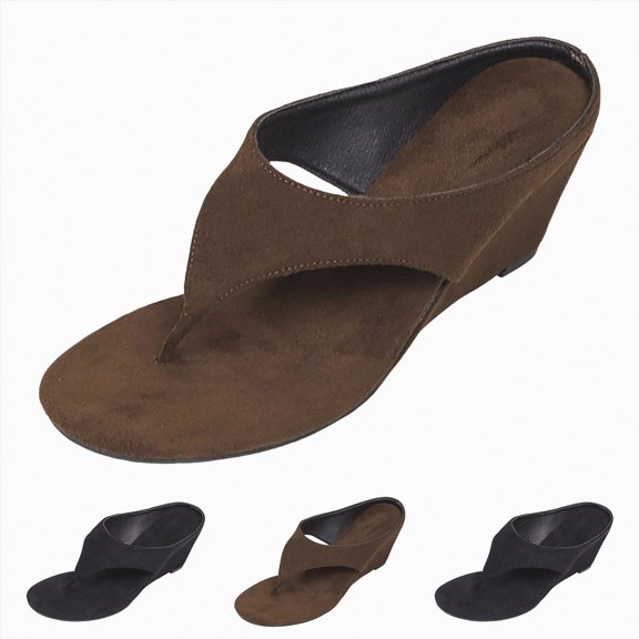 Women's Low Wedge Sandals Trendy Dressy Square Open Toe Summer Beach Flip Flops Thong Heeled Sandals Brown Size 7