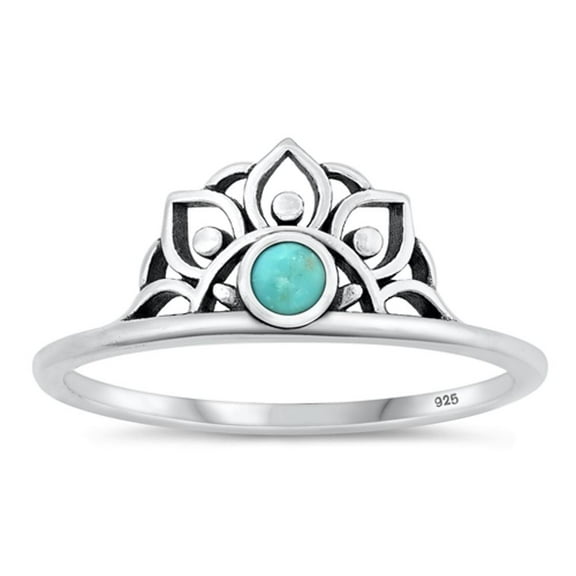 Simulated Turquoise Lotus Flower Crown Ring .925 Sterling Silver Band Blue CZ Female Size 6