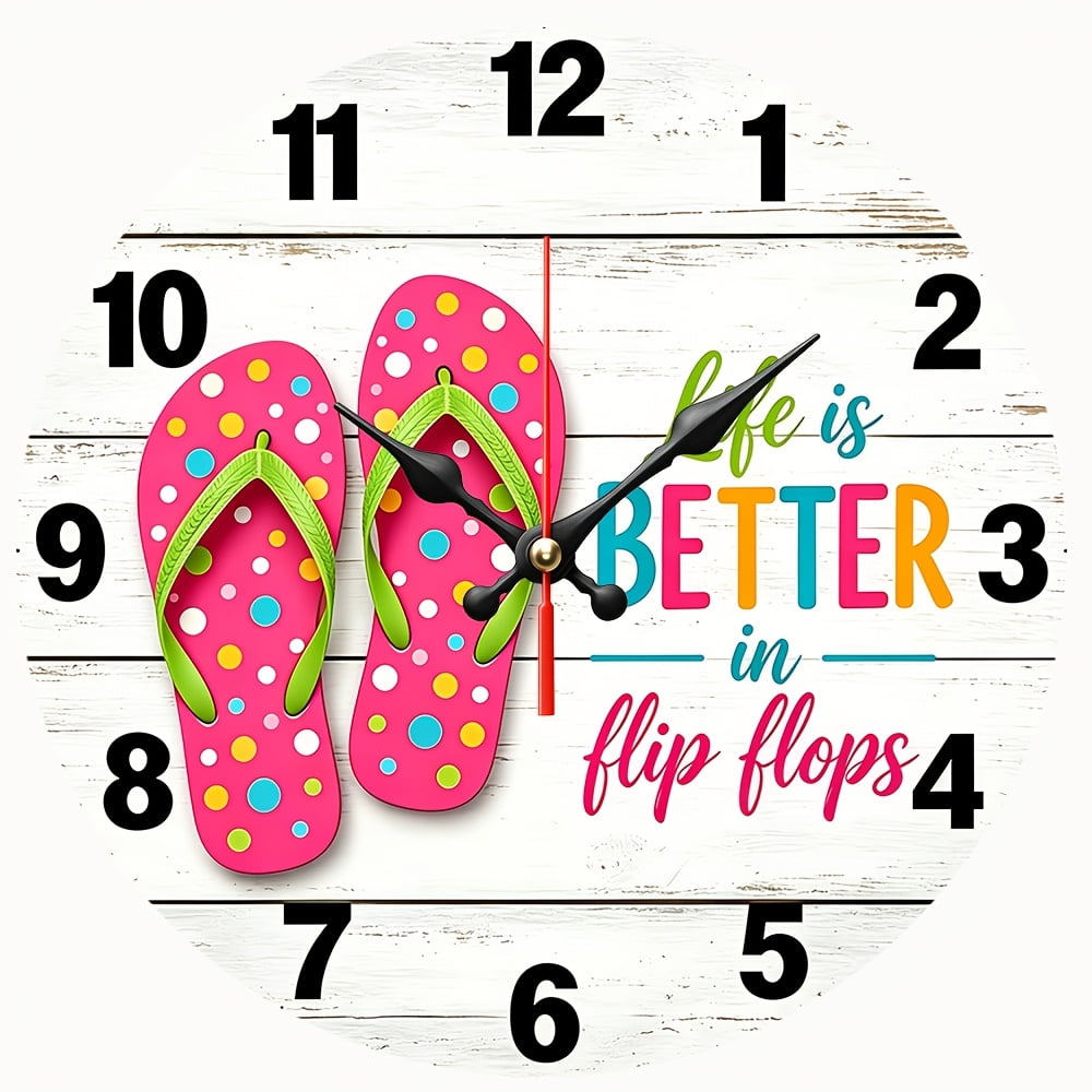 2D Flat Wooden Wall Clock,Flip Flops Summer Quote Wall Clock, Silent Non‑Ticking Round Wall Clock, Beach Life Style Art Decor Clock for Patio, Beach House Decoration,AA Battery Not Included