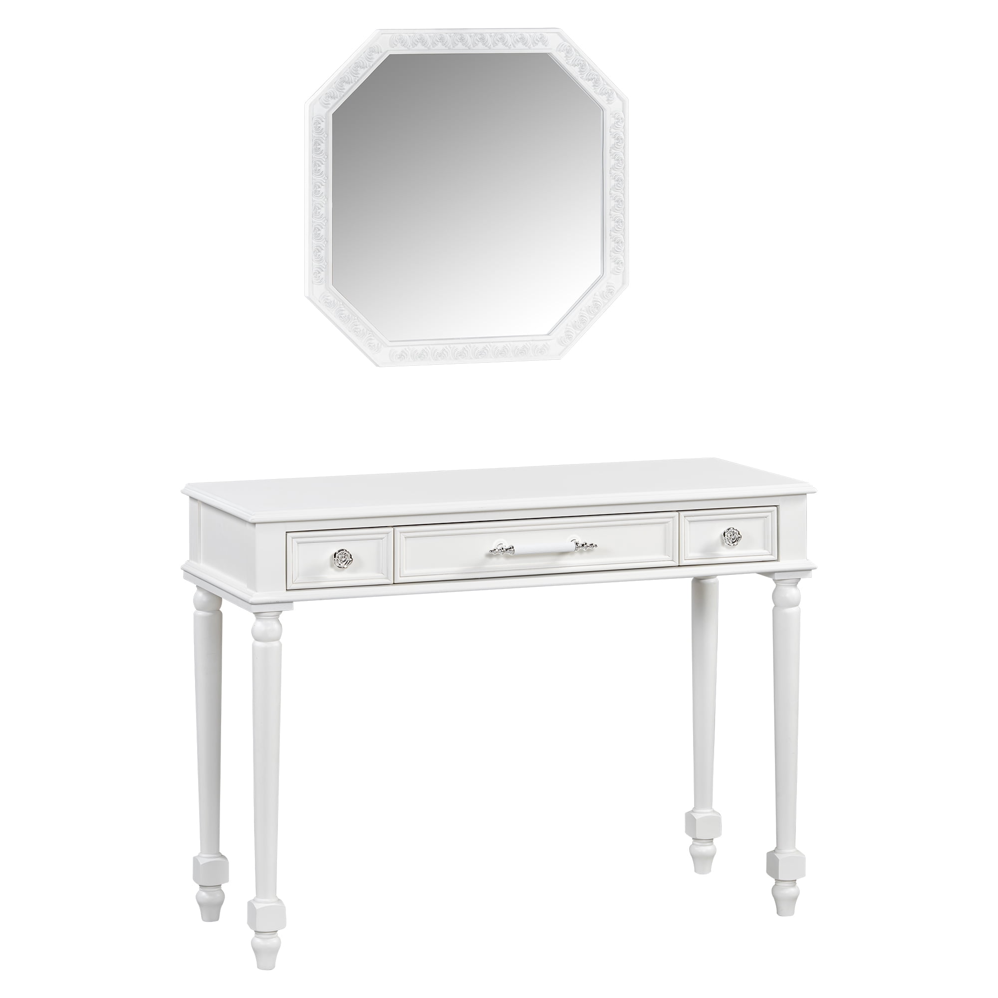 Euroco Vintage Vanity Desk with Octagonal Mirror – Distressed White Makeup Table with Storage Drawers & Carved Details