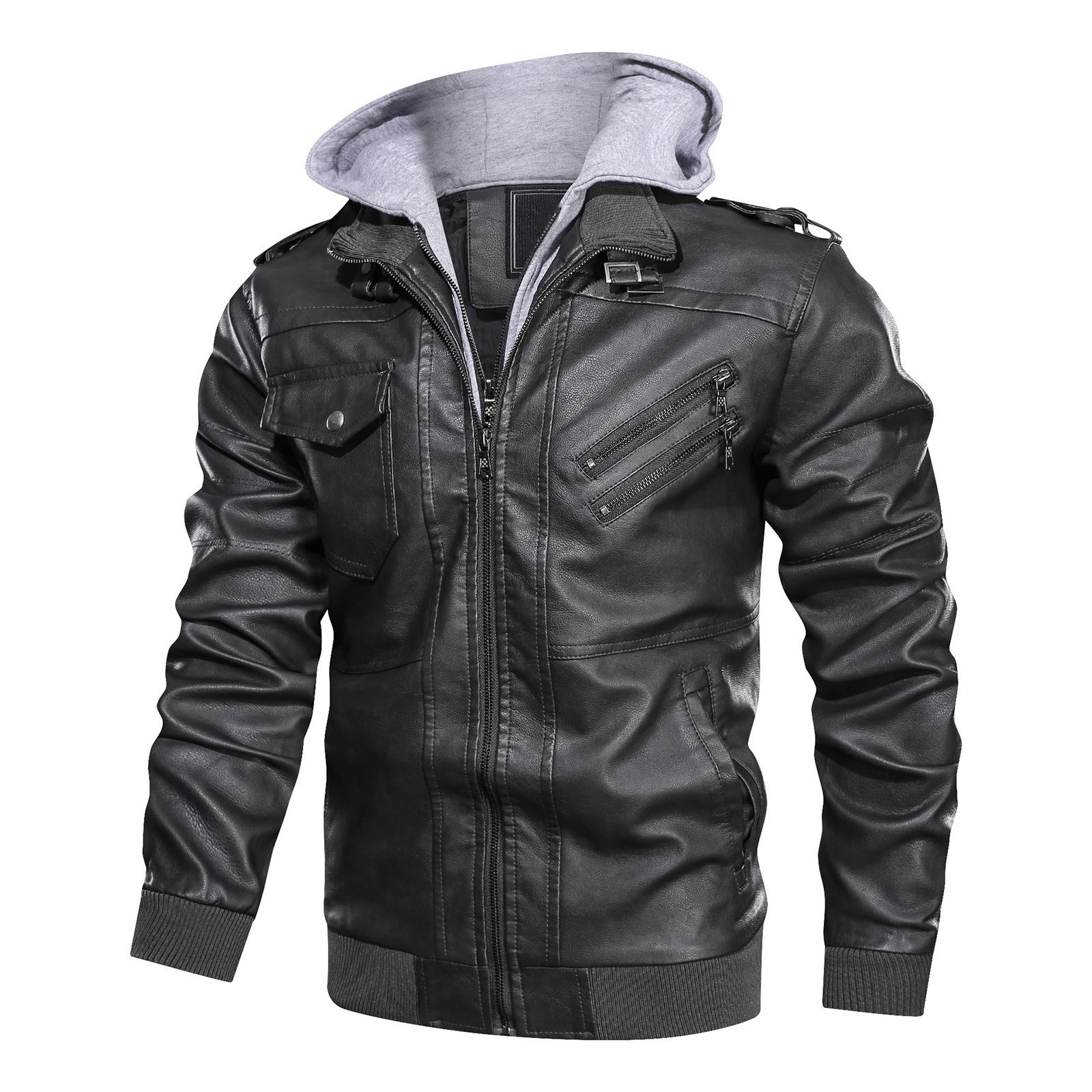 Leather Jacket Men's Slim Hooded Jacket Plush Thickened Leather Jacket - image 2 of 5
