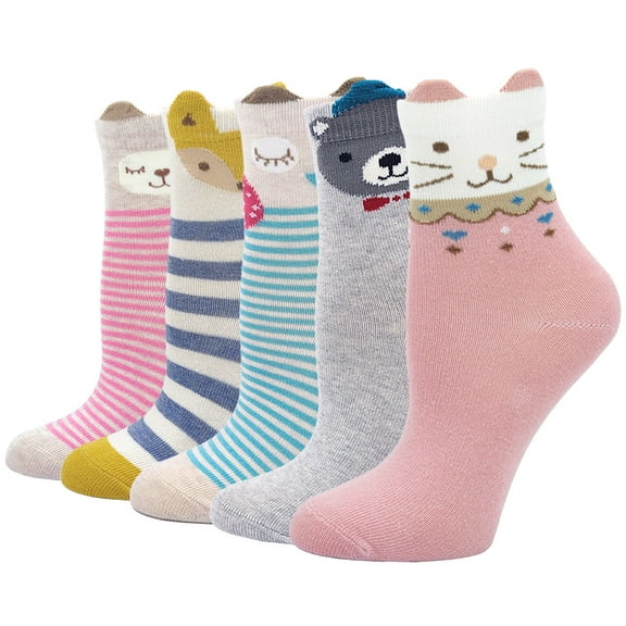 LOFIR Girls Socks - Novelty Cute Animal Pattern Cotton Rich Crew Socks for 5 - 7 Years Girls & Boys, 5 Pairs