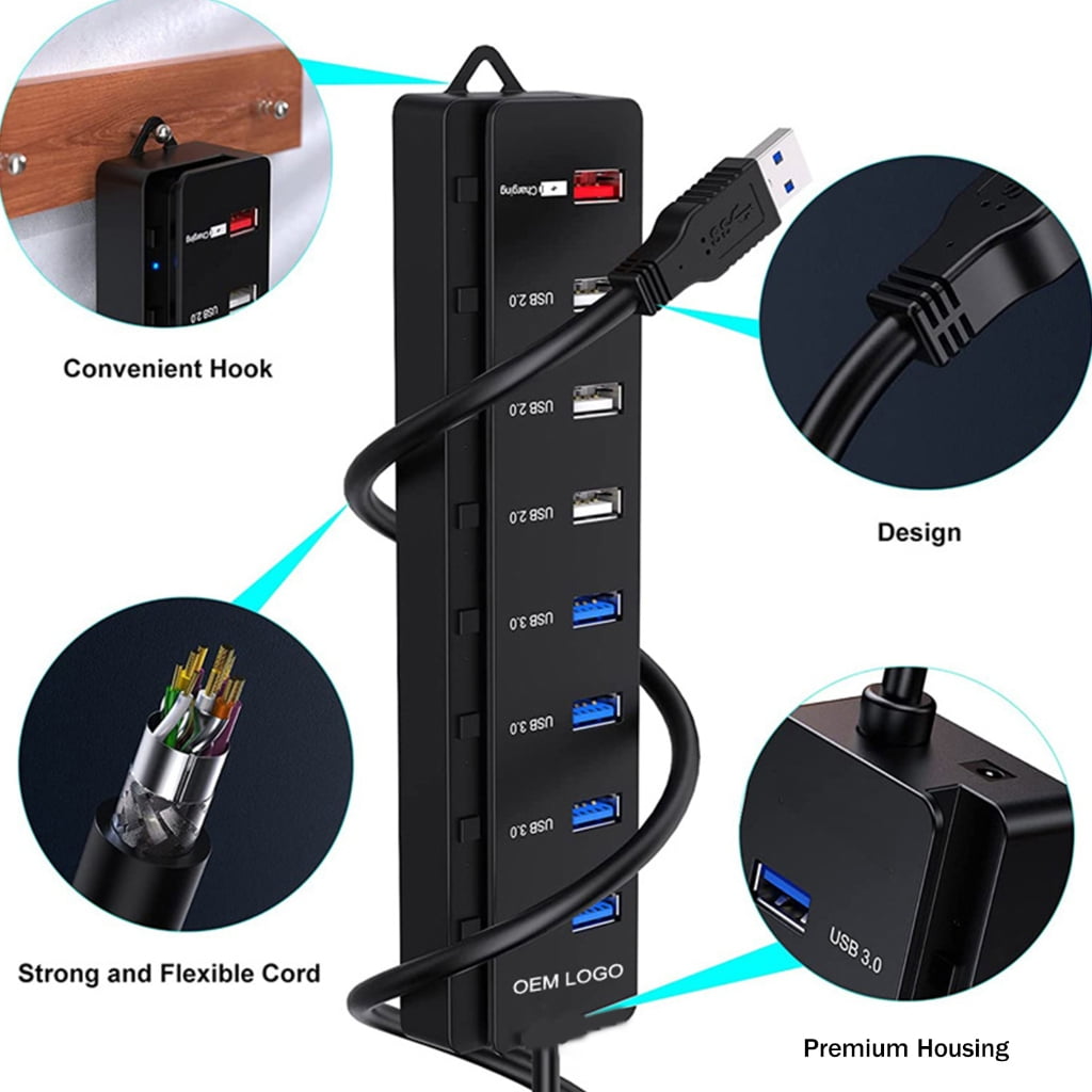 8 Port USB3.0 2.0 Hubs with Individual Switches 4xUSB3.0 3x USB 2.0 1x USB Charging Port USB Hubs Power Adapter