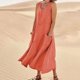 thumbnail image 1 of Qucoqpe - Vestido de verano de lino y algodón para mujer, informal, liso, con cuello en U, sin mangas, con dobladillo con volantes, holgado, largo y playero con dos bolsillos, 1 of 5