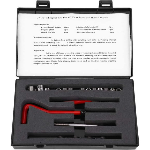 Yazoeia 25Pcs Thread Repair Kit M7 x 1, Kit Thread Inserts Stainless Steel Twisted Drill Wrench Threaded Insert Thread Repair Tool for Auto Parts CJC912-205629