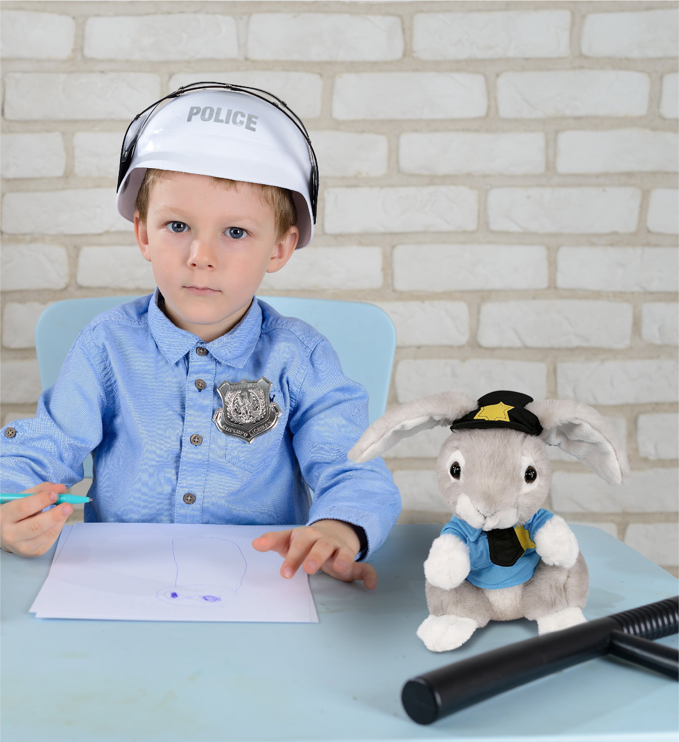 DolliBu Grey Rabbit Police Officer Plush Toy - Soft Rabbit Cop Stuffed Animal Dress Up with Cute Cop Uniform and Cap Outfit - Super Soft Farm Life Animal -  6.5 Inches