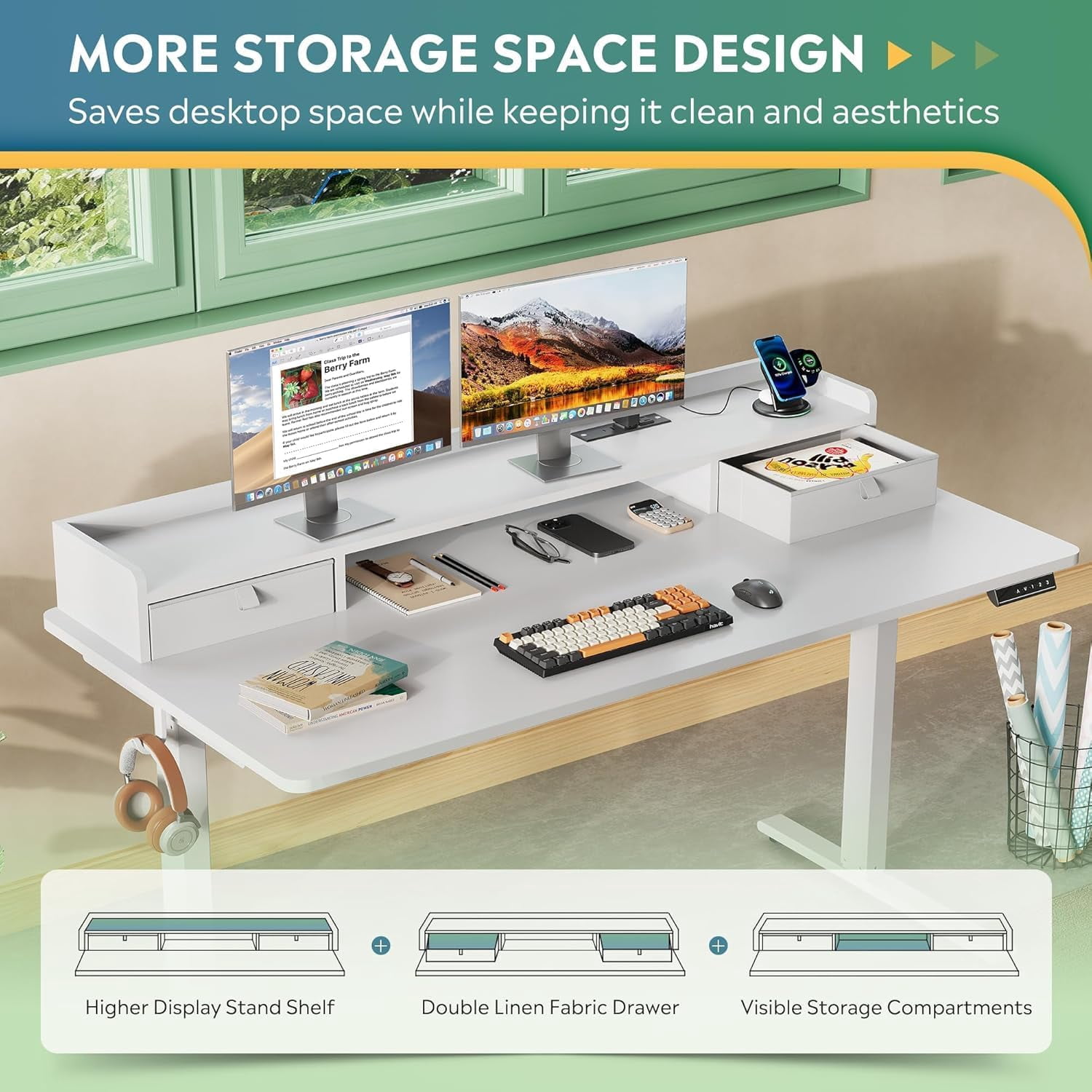 55×28 Inch Electric Standing Desk with Drawers, Computer Desk with 3 Adjustable Height, Storage Shelf and Built-in USB Outlet, Memory Preset, Sit to Stand Desk for Home Office, White