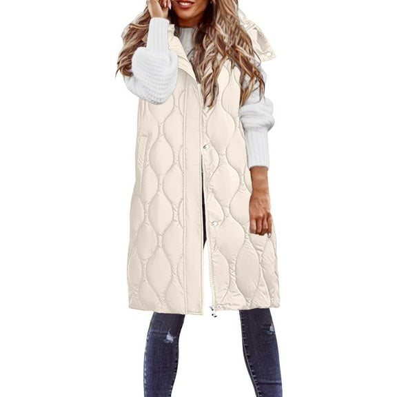 Niaviben Long Puffer Vest Women Hooded Vest Plus Size Puffer Vest Women Vests Women's Vest Sleeveless Vest Womens Long Vest Beige L