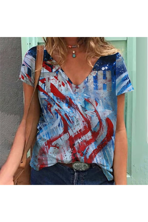 Womens Plus Size Tops Causal V-Neck Vintage Love Printing Blouse Short Sleeve T-Shirt