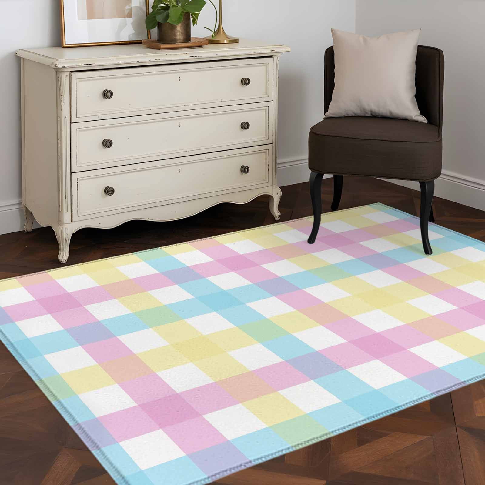 Easter Plaid Area Rugs 3'x5', Washable Small Throw Rugs for Living Room Bedroom, Spring Buffalo Plaid Simple Colorful Indoor Outdoor Rug Non-Slip Low Pile Carpet Runner Reversible Floor Mats
