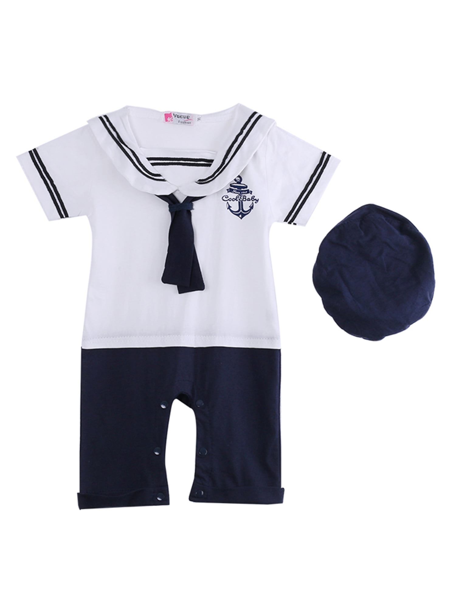 Kinder White & Navy Baby Boy Blue Sailor Ramper Suit and Cap LAST ONE SALE 