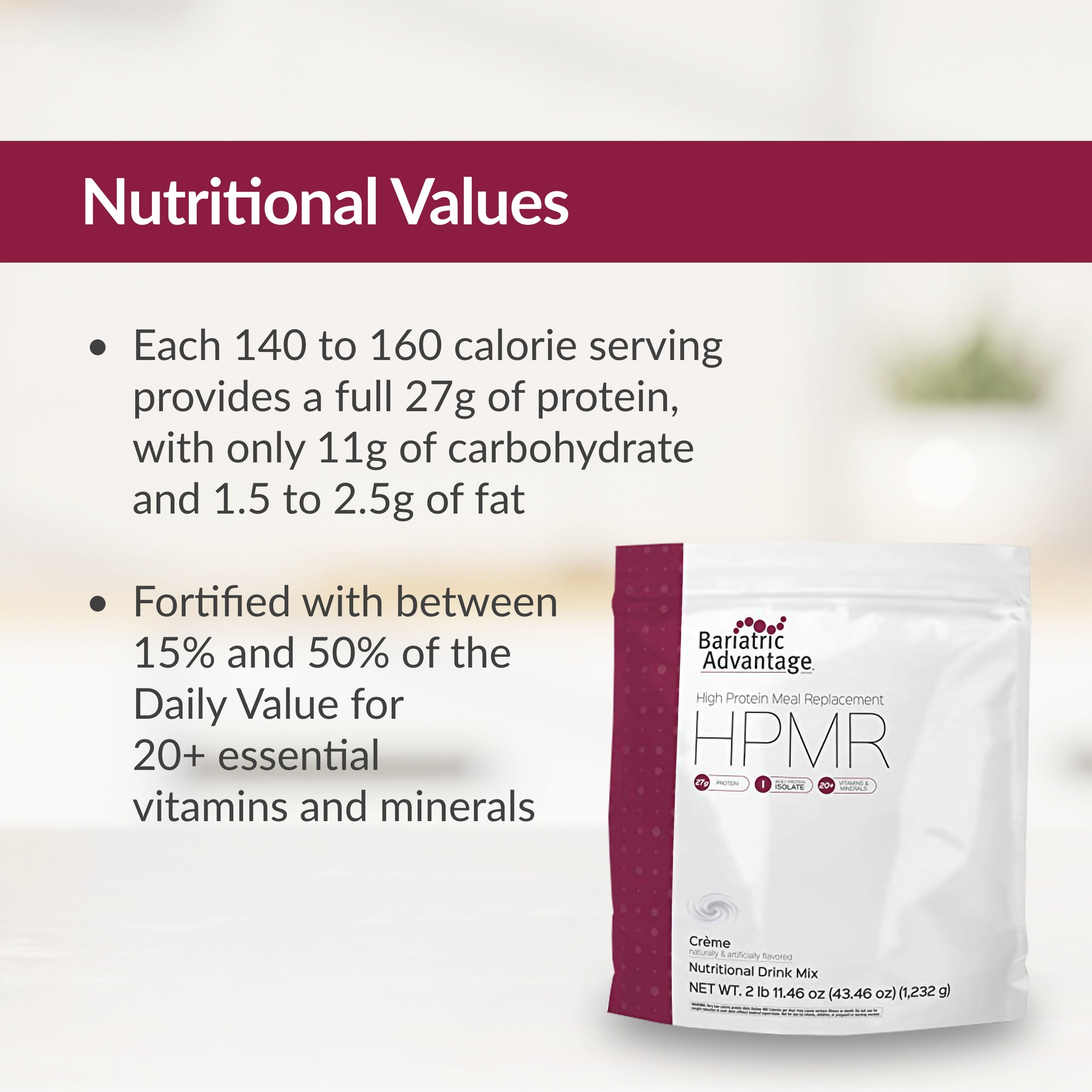 Bariatric Advantage High Protein Meal Replacement Drink Mix, Protein Powder Whey Isolate, 27g Protein, Lactose Free - Creme - 28 Servings